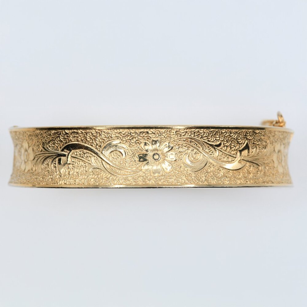 Vintage B&O Chain Co 12K GF Floral Victorian Revival Hinge Bangle Bracelet 1940s